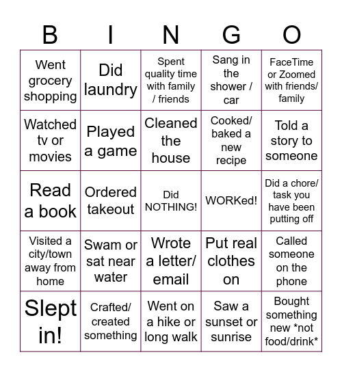 Long Weekend Bingo! Bingo Card