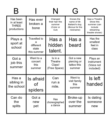 Get to Know You THEATRE Bingo Card