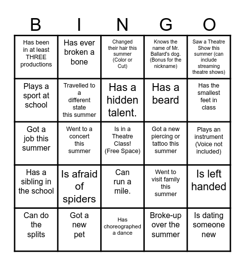 Get to Know You THEATRE Bingo Card