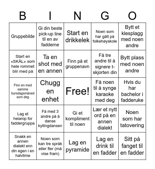 Fadderuka 2025 Bingo Card