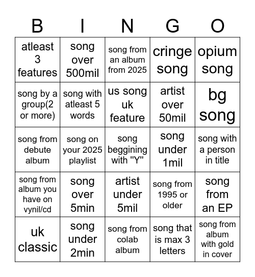 Spotify Bingo Card