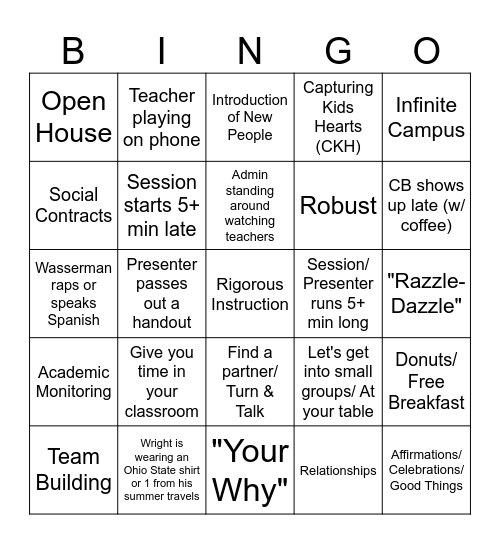 Back to School PD Bingo Card
