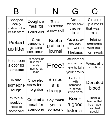 Kindness Bingo Card