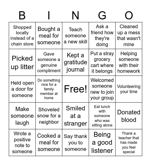 Kindness Bingo Card