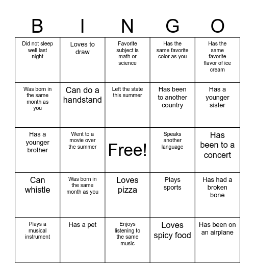 Find a Friend Bingo Card