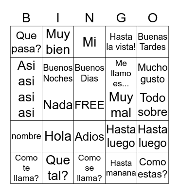 Spanish Greetings Bingo Card