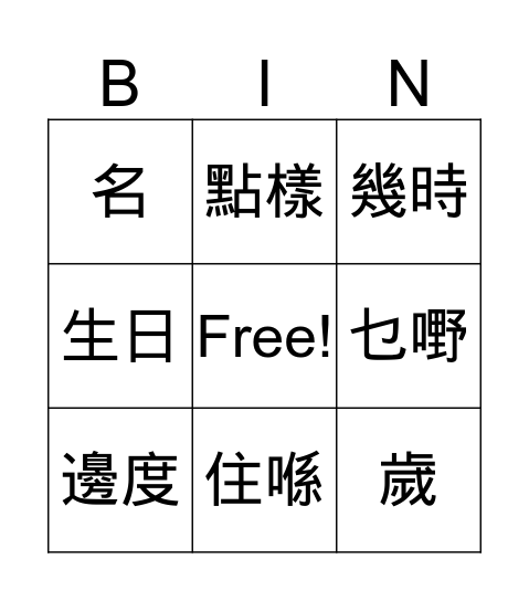 C1 Bin Game Bingo Card