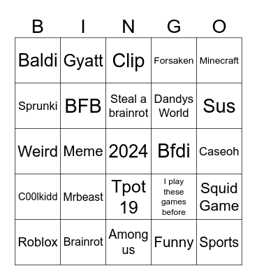 Shorts Bingo Card