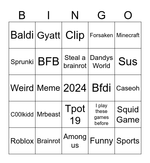 Shorts Bingo Card