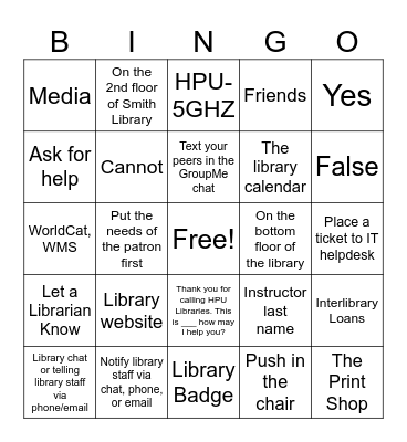 Student Library Workers Bingo Card