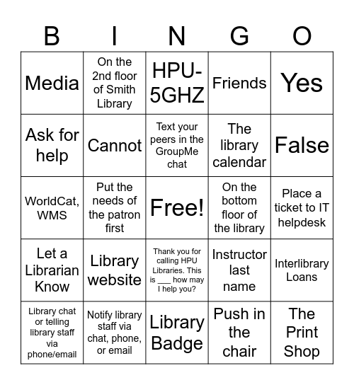 Student Library Workers Bingo Card