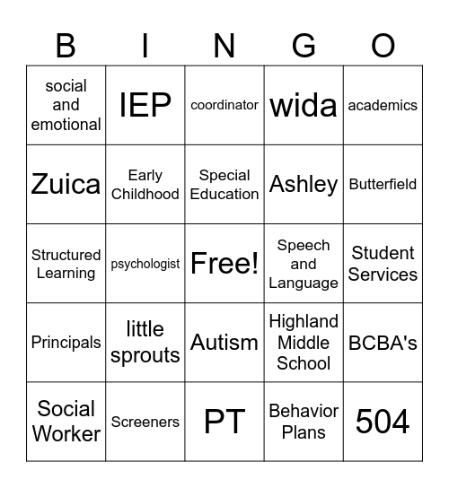 Student Services Bingo Card