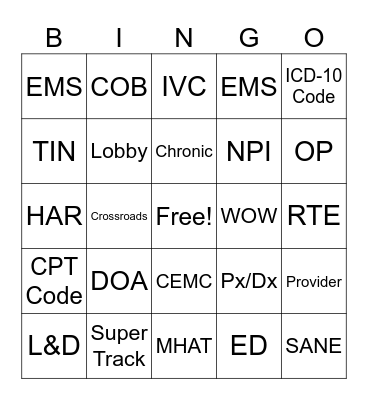 Medical Terminology Bingo Card