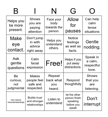 Active Listening Bingo Card