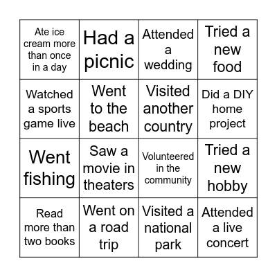Summer Catch-up Bingo Card