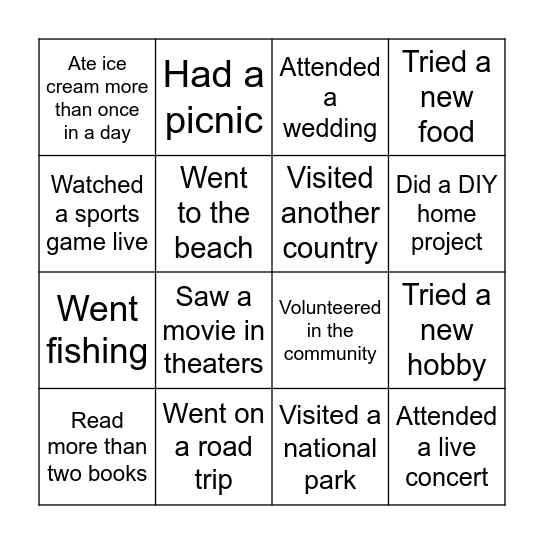 Summer Catch-up Bingo Card