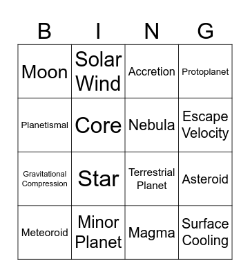 Planetary Formation Vocab Bingo Card