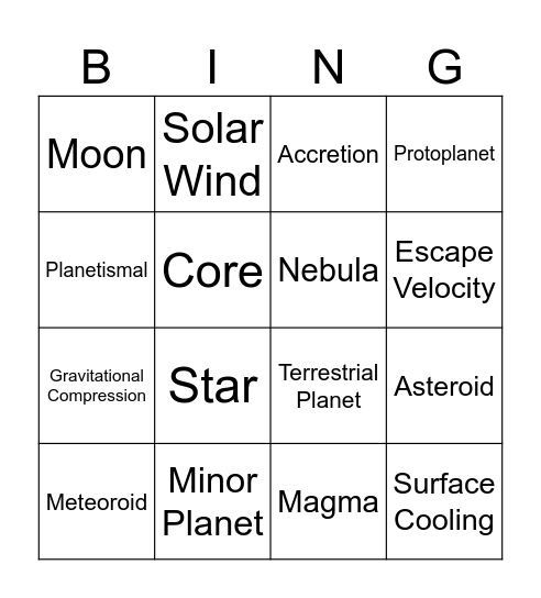 Planetary Formation Vocab Bingo Card
