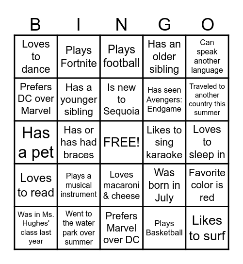 7th Grade Human Bingo Card