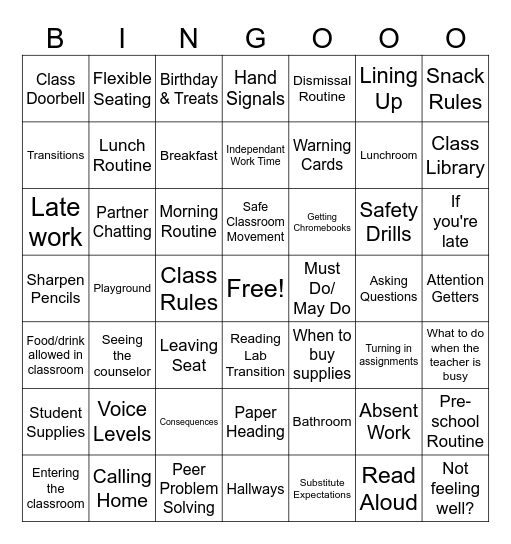 Routine Bingo Card