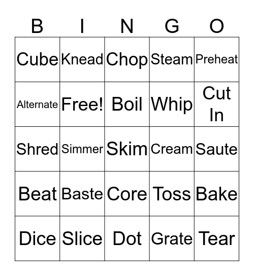 Cooking Terms Bingo Card