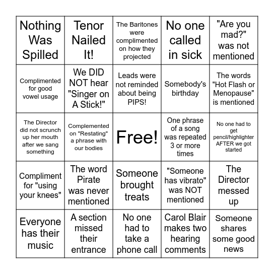 Chorus Bingo Card