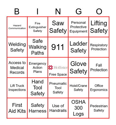 Safety Bingo Hollister Bingo Card