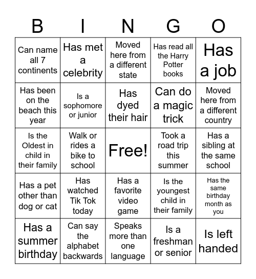 Getting to Know You Bingo Card