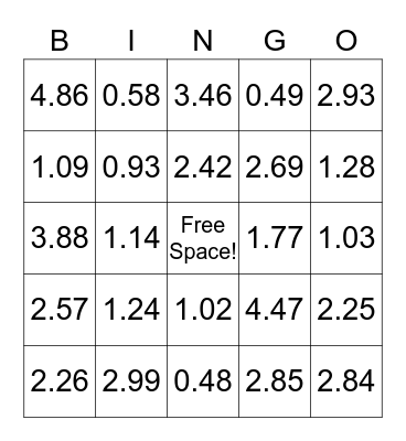 Dividing Decimals Bingo Card