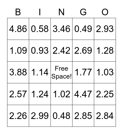 Dividing Decimals Bingo Card