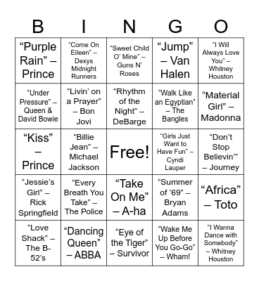 Throwback Hits Bingo (’70s, ’80s, ’90s) Bingo Card