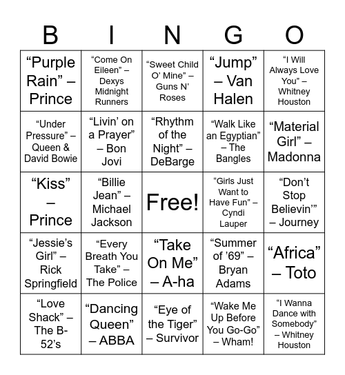 Throwback Hits Bingo (’70s, ’80s, ’90s) Bingo Card