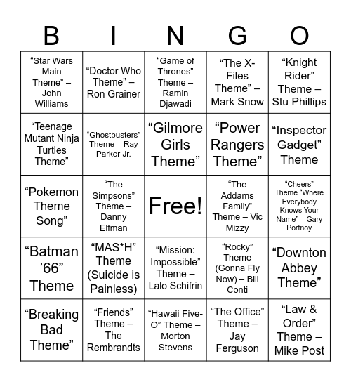 Movie & TV Theme Songs Bingo Card