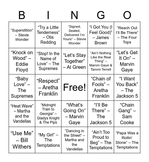 Motown & Soul Classics Bingo Card