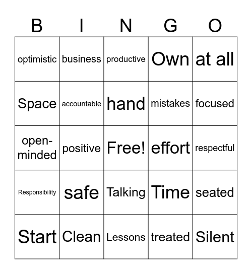 Expectation Bingo Card