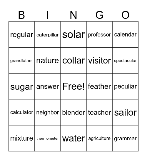 Words ending with er Bingo Card