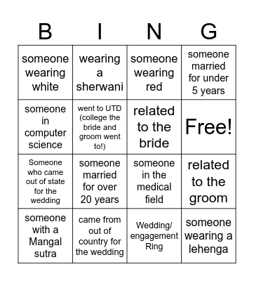 Wedding Bingo! Bingo Card