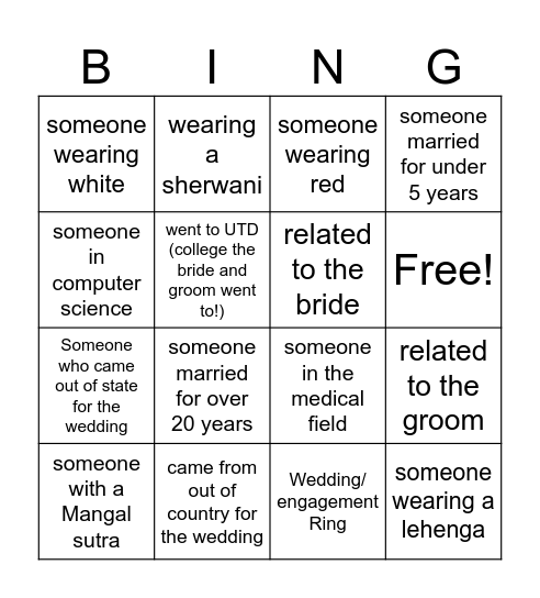 Wedding Bingo! Bingo Card