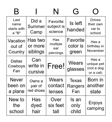 Get to Know Your Classmates Bingo Card