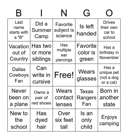 Get to Know Your Classmates Bingo Card