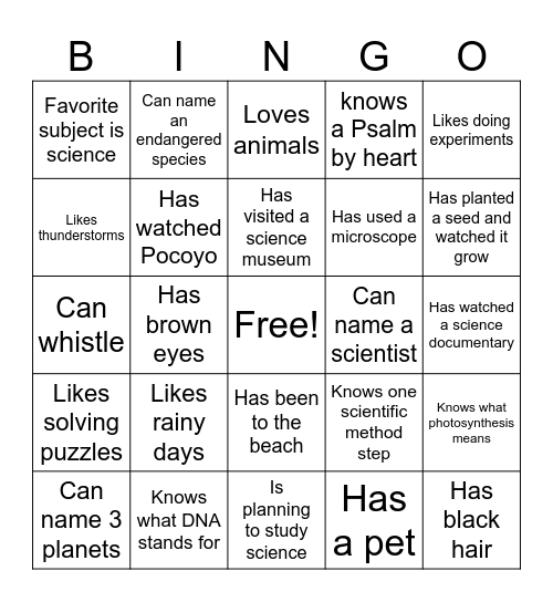 Science Bingo – Get to Know Your Classmates Bingo Card