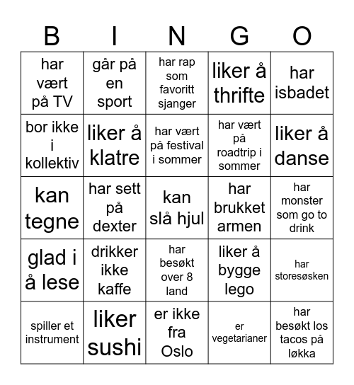 fadderuke Bingo Card