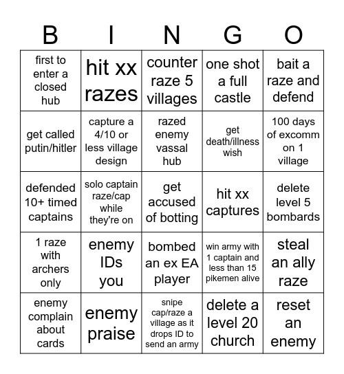 stronghold Bingo Card