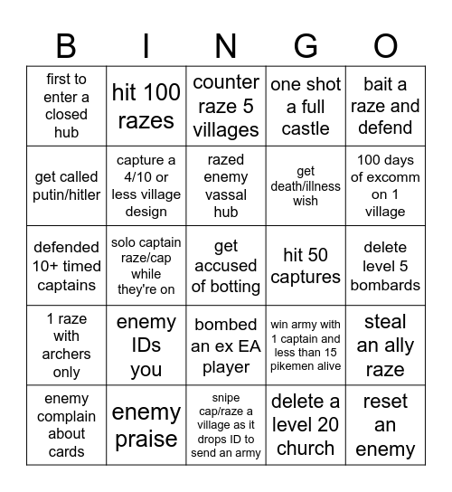 stronghold Bingo Card