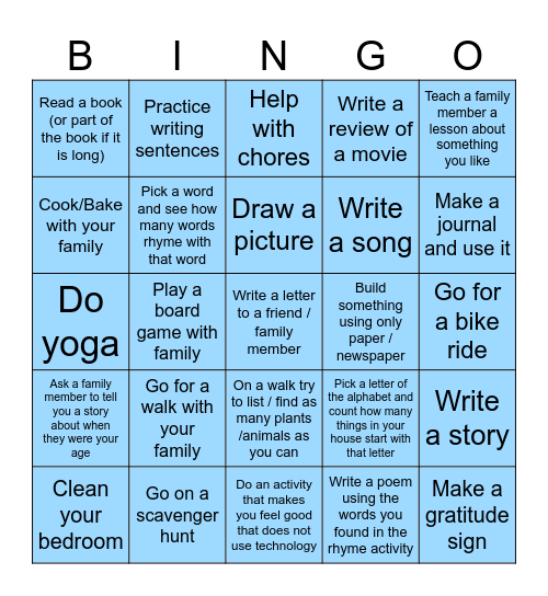 No Screen Bingo Card