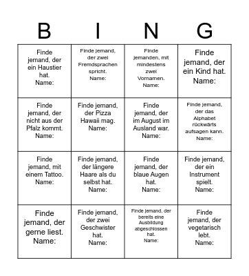 Bingo zum Kennenlernen Bingo Card