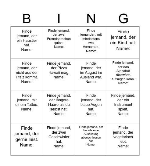 Bingo zum Kennenlernen Bingo Card