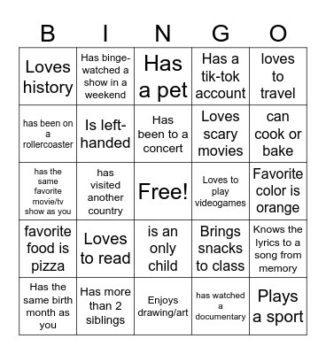 Get to know you Bingo Card