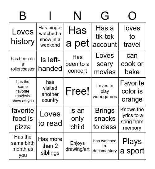 Get to know you Bingo Card