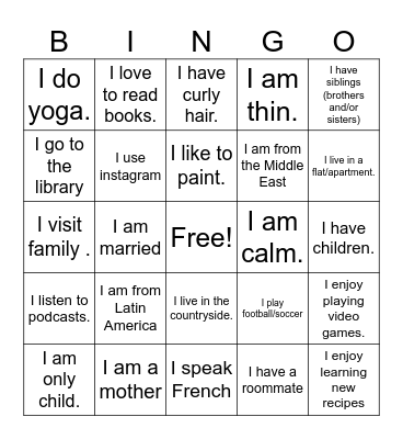Talking About Yourself Bingo Card